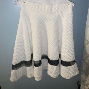 Knee- length white skirt with black mesh lining.